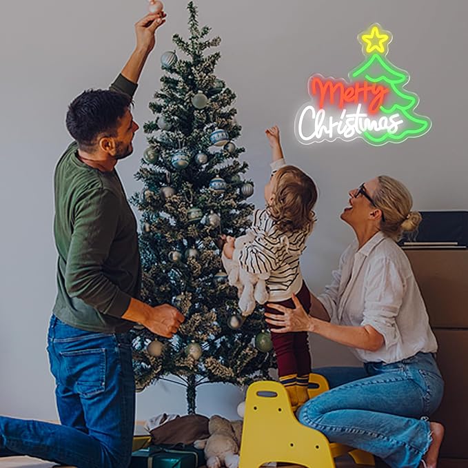 Merry Christmas Neon Sign for Wall Decor, Dimmable Christmas Tree Neon Signs LED Light up Sign with USB Powered for Bar Man Cave Club Party Room Shop Window Bedroom Decor Gifts