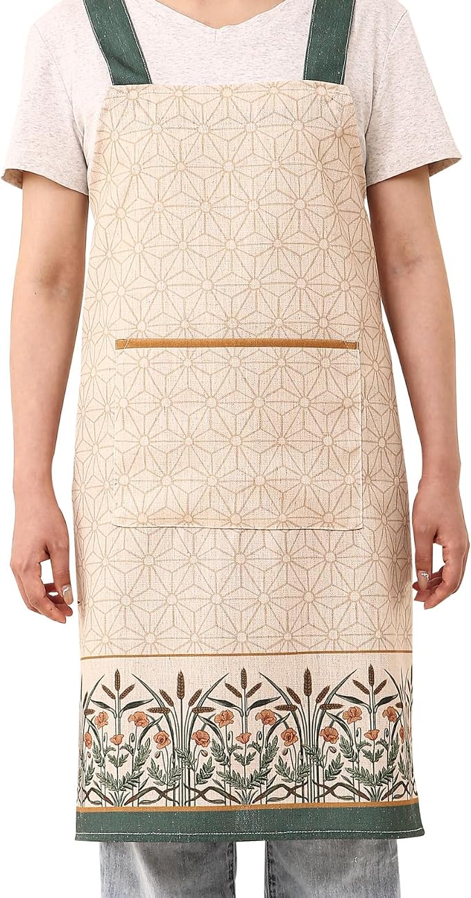 patdrea Blue Floral Linen Apron with Pocket,French Kitchen Garden Chef BBQ Aprons for Women and Men,Crisscross Back Straps - Image 2