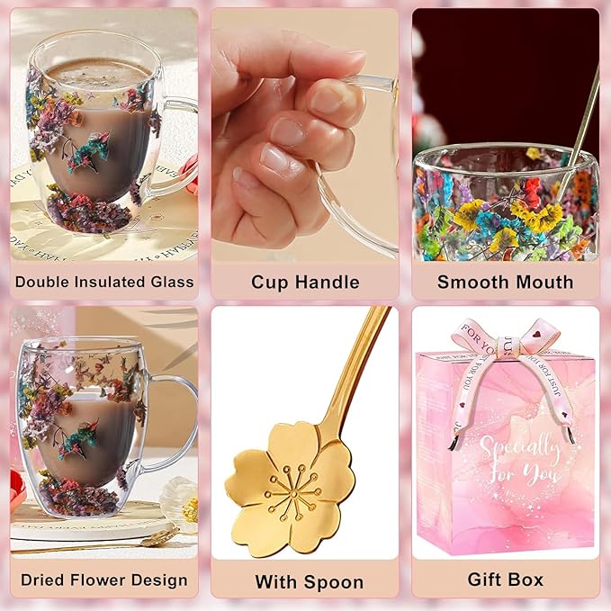 Gifts for Women Dried Flowers Double Wall Glass Coffee Mugs Cute Glass Tea Cups with Handles Autumn Mug Christmas Birthday Gifts for Best Friend Teacher Mum Gift New Home Gift Ideas Home Decor