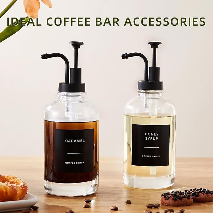 Coffee Syrup Dispenser for Coffee Bar 4Pack Coffee Syrup Pump Dispenser Accessories (500ml) 16.9 oz Glass Syrup Dispenser with 36 Labels,Coffee Syrup Bottles with Matte Pump Black - Image 4
