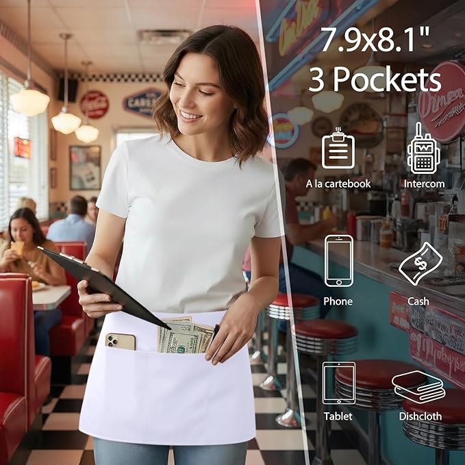 BOHARERS Waist Apron with 3 Pockets 12 Pack - White Waitress Server Short Apron