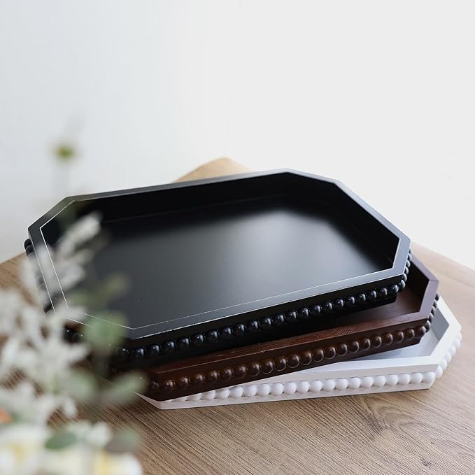 Wood Rustic Serving Tray with Beads, Farmhouse Black Decorative Tray for Table Centerpiece, Christmas Wedding Halloween Home Decor