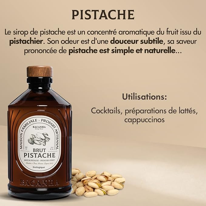Bacanha Organic Raw Pistachio Syrup - Premium French Nut Syrup - Rich & Creamy Flavor for Coffee, Desserts & Cocktails - Gourmet and Organic - For Mocktails, Teas - 400ml Glass Bottle - Image 4
