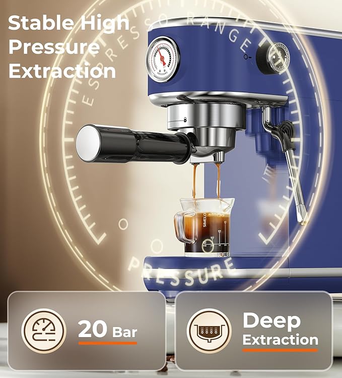 20 Bar Espresso Machine with Milk Frother, Compact Espresso Maker, Stainless Steel Coffee Machine with Precise Temp Control & 44oz Removable Water Tank for Latte, Cappuccino, Dark Blue