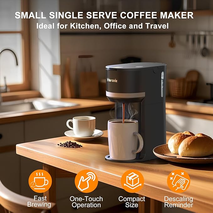 Small Single Serve Coffee Maker for K Cup and Ground Coffee, Fast Brew One Cup Coffee Machine with Descaling Reminder and Water Window, 6 to 12 oz. Brew Sizes, Black