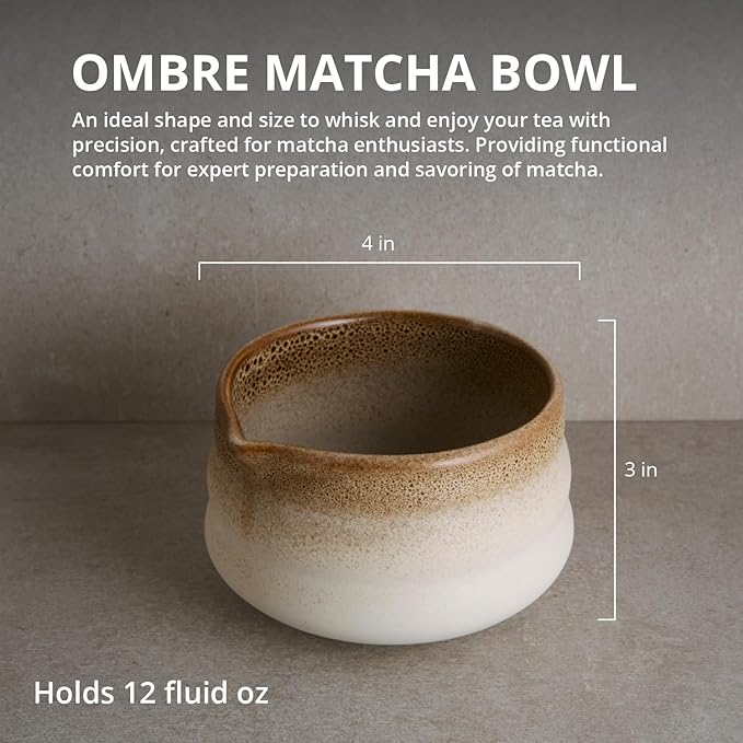 Goodies Ombre Matcha Bowl and Whisk Stand Set, Glazed, Dishwasher Safe, Microwave Safe, Spill-Free Spout, Sturdy Stand and Even Dry, Perfect for Whisking Matcha and Tea, 2PC, 12 oz