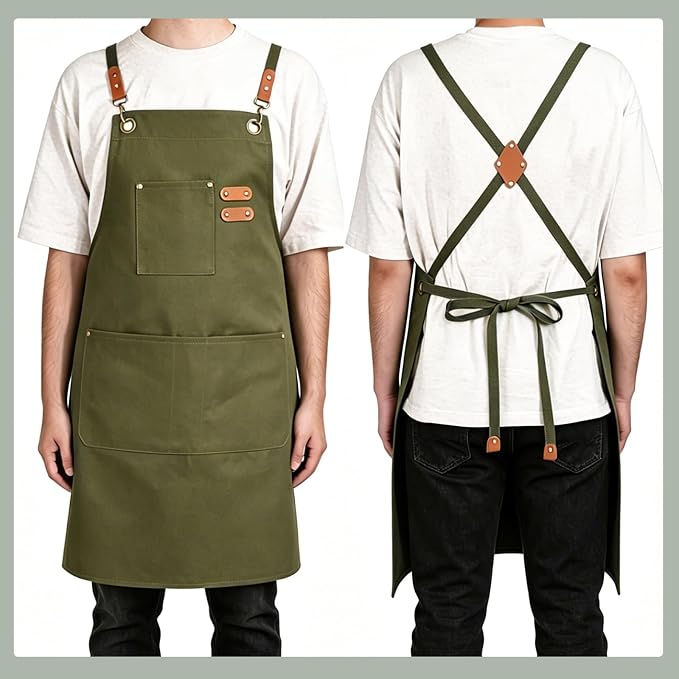 Chef Aprons for Men Women with Large Pockets, Cotton Canvas Water Repellent Kitchen Apron for Cooking - Image 4
