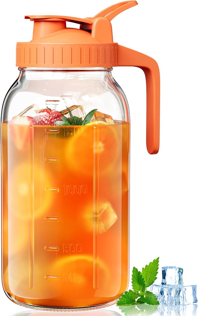 Glass Pitcher with Airtight Lid and Spout, 64oz Mason Jar Pitcher - Wide Mouth, Leakproof Water Jug for Juice, Sun Iced Tea, Cold Brew Coffee, Milk Storage, Orange
