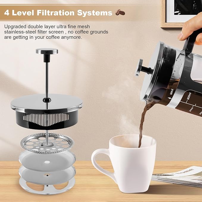 French Press Coffee Tea Maker, Upgrade Heat Cold Resistant Thickened Glass with 4 Level Stainless Steel Filtration System Brew Coffee & Tea, BPA Free, Large 1000ml 34oz (Silver)