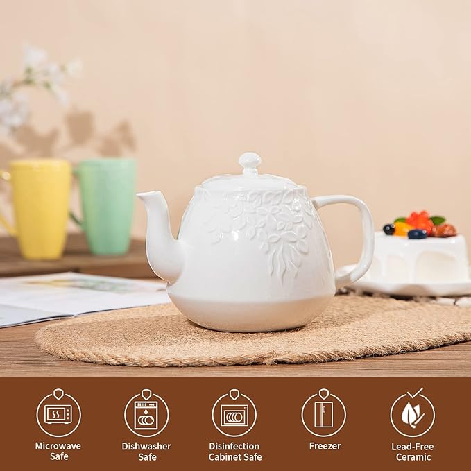 Toptier Leaf Teapot, Porcelain Tea Pot with Stainless Steel Infuser, Blooming & Loose Leaf Ceramic Teapot, 37 Ounce, White