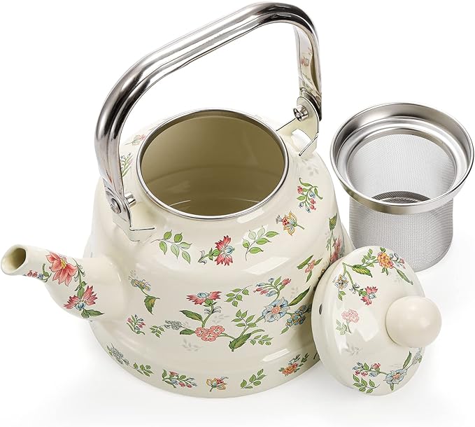 Jucoan 1.8 Quart Vintage Enamel Stovetop Tea Kettle, Retro Green Floral Enamel on Steel Teapot with Removable Infuser for Camping, Gift for Wedding Housewarming Easter