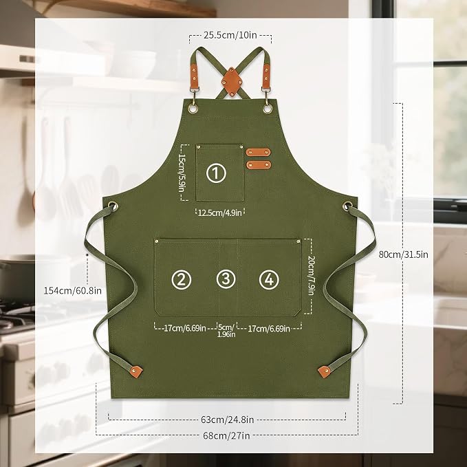 Chef Aprons for Men Women with Large Pockets, Cotton Canvas Water Repellent Kitchen Apron for Cooking - Image 2