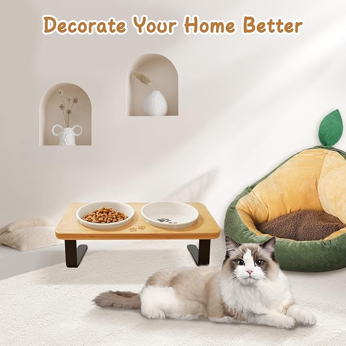 Ceramic Elevated Cat Bowls with 10° Tilted, Anti Vomiting & Whisker Friendly Food and Water Bowls with Bamboo Stand(Anti-Slip Feet), Raised Cat Food Bowls for Indoor Cats & Puppies, Dishwasher Safe