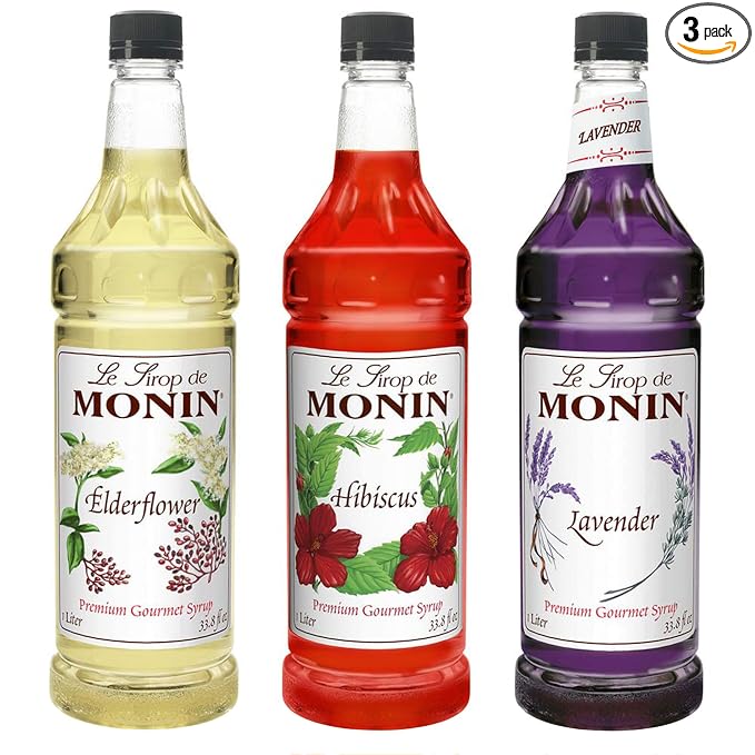 Monin - Floral Variety Pack, Lavender, Elderflower, & Hibiscus Syrup, Floral Flavors, Great for Cocktails, Mocktails, Teas, & Lemonades, Gluten-Free, Vegan, Non-GMO (1 Liter Per Bottle, 3-Pack) by Monin