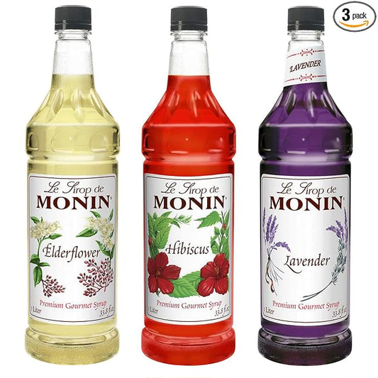 Monin - Floral Variety Pack, Lavender, Elderflower, & Hibiscus Syrup, Floral Flavors, Great for Cocktails, Mocktails, Teas, & Lemonades, Gluten-Free, Vegan, Non-GMO (1 Liter Per Bottle, 3-Pack) by Monin