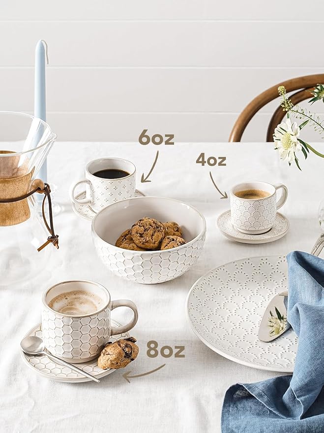 LE TAUCI Stackable Cappuccino Cups with Saucers and Stand, 8 oz Large Ceramic Coffee Cup Set for Café Au Lait, Latte, Tea Cup and Saucer Set of 4, Microwave & Oven Safe, Embossed, White