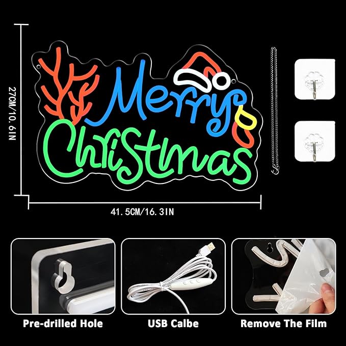 Merry Christmas Neon Sign Dimmable LED Merry Christmas Light Sign for Wall Decor, USB Powered LED Colorful Sign with Hat for Bedroom Living Room Kids Room Decoration