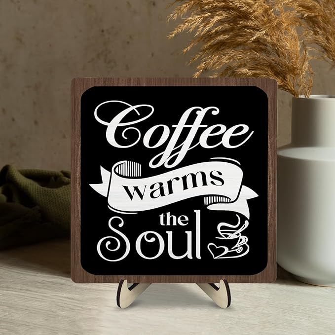 Coffee Bar Sign Plaque, Vintage Café Decor for Kitchen, Rustic Farmhouse Cafe Accessories, Themed Wall Sign for Home - Coffee Warms the Soul - Gift Idea (Black&Brown4, 5.9x5.9inches)