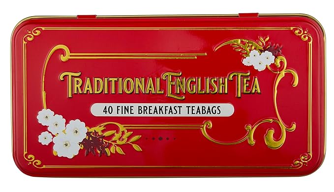 New English Teas Vintage Victorian Tea Tin in Berry-Red with 40 English Breakfast Teabags