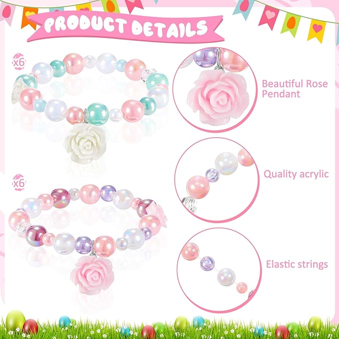 Ecally 12 Pcs Kids Bracelet for Girls Toddler Jewelry Flower Princess Party Favors Friendship Bracelets Adjustable Pretend Classroom Reward
