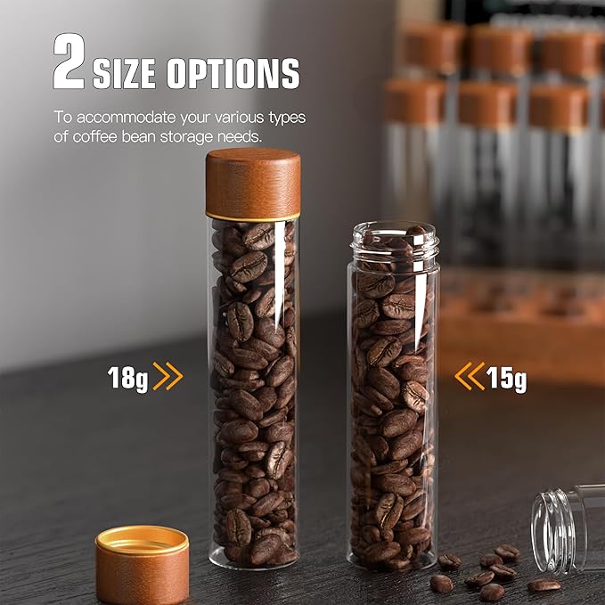 Coffee Bean Cellars with Stand & Hopper, Single Dose Coffee Bean Storage, 12 Pcs Espresso Bean Container with Wooden Holder, Dosing Glass Vials with Lids and Funnel for Coffee, Spices, Tea