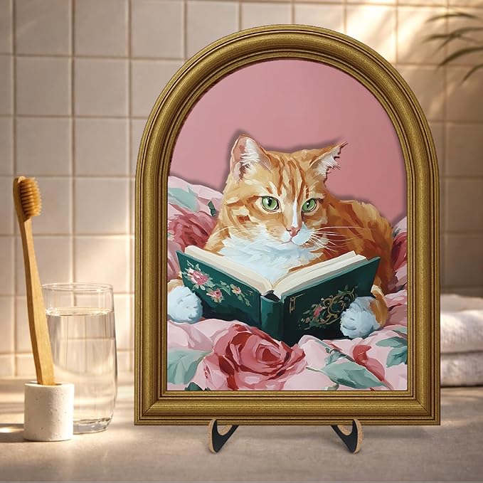 3D Pink Cute Cat Reading Table Decor Sign, Vintage Cat with Book Wall Art Sign for Home Bedroom Reading Room Desk Wall Shelf Decor 8x10 Inch