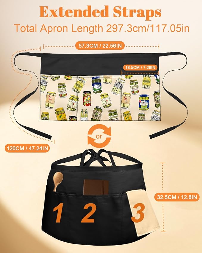 Slohif Reversible Server Apron 6 Pockets - Waist Apron for Waitress Women Half Serving Short Apron for Waiter - Image 2