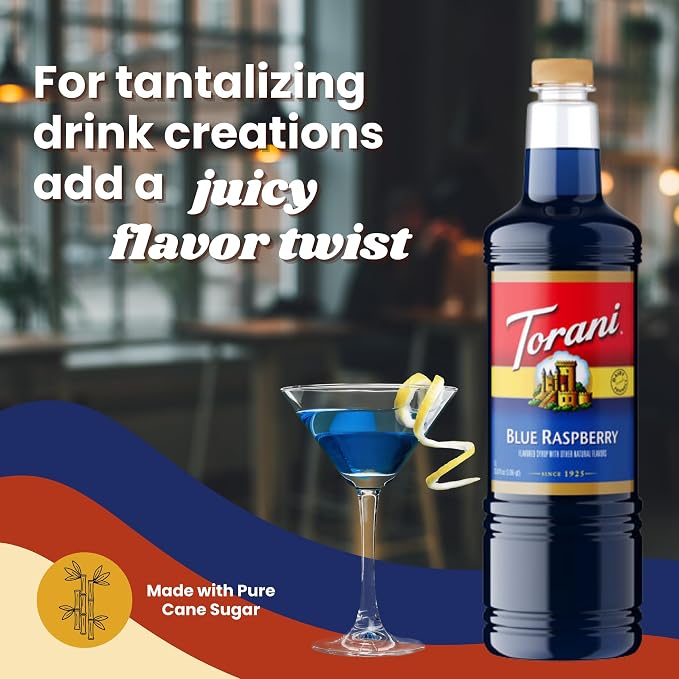 Torani Blue Raspberry Syrup 1 Liter Bottle with Pump Dispenser – Flavored Syrup with Pure Cane Sugar & Natural Ingredients – Perfect for Snow Cones, Shakes, Cocktails & Desserts - Image 6