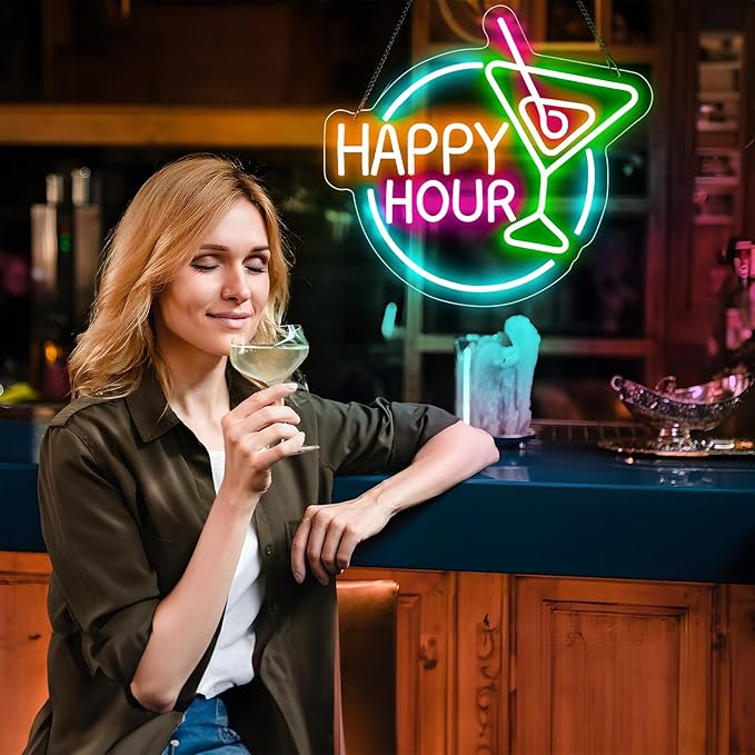 Basaneon Happy Hour Neon Sign Dimmable Led Happy Hour Neon Bar Signs for Home Bar, USB Powered Bright Cocktails Happy Hour Neon Signs for Wall Decor Bar Pub Man Cave Party Art Decor(14.1*12.5inches)