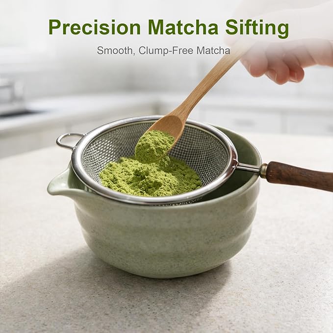 Matcha Sifter - Precision 30-Mesh Stainless Steel Fine Powder Strainer, 3-Inch Small Metal Sieve for Tea Ceremony & Cocoa, Hand Wash Recommended(Natural Wood Handle)