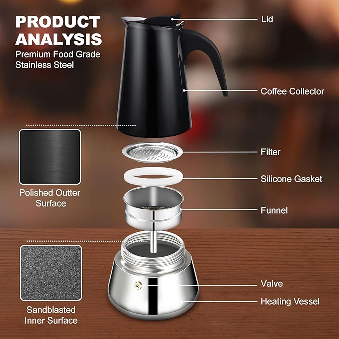 2 Cup Stovetop Espresso Maker Stainless Steel Moka Pot Stove Top Percolator Italian Coffee Makers Capable Mocha Greca Machine Cafe Classic Induction Cookers for Home and Camping 100ml 3.3oz