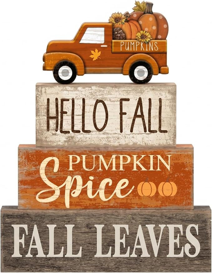 Moucuny 4 Pcs Fall Decoration for Home Fall Truck Decor Thanksgiving Tiered Tray Decor Rustic Wooden Truck Block Sign Thanksgiving Centerpiece Autumn Table Decorations for Harvest Party Kitchen Home