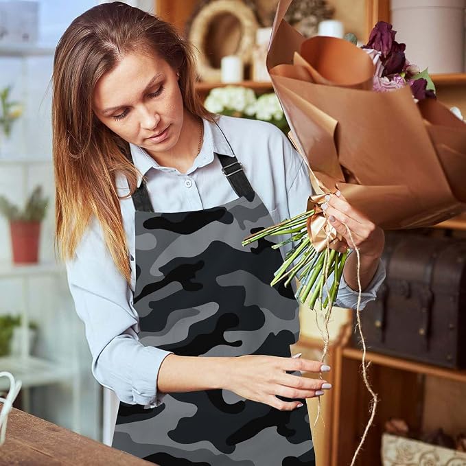 Camouflage Pattern Black and Gray Bib Apron with Adjustable Neck for Men Women,Suitable for Kitchen Cooking Chef Grill Bistro BBQ Apron - Image 6