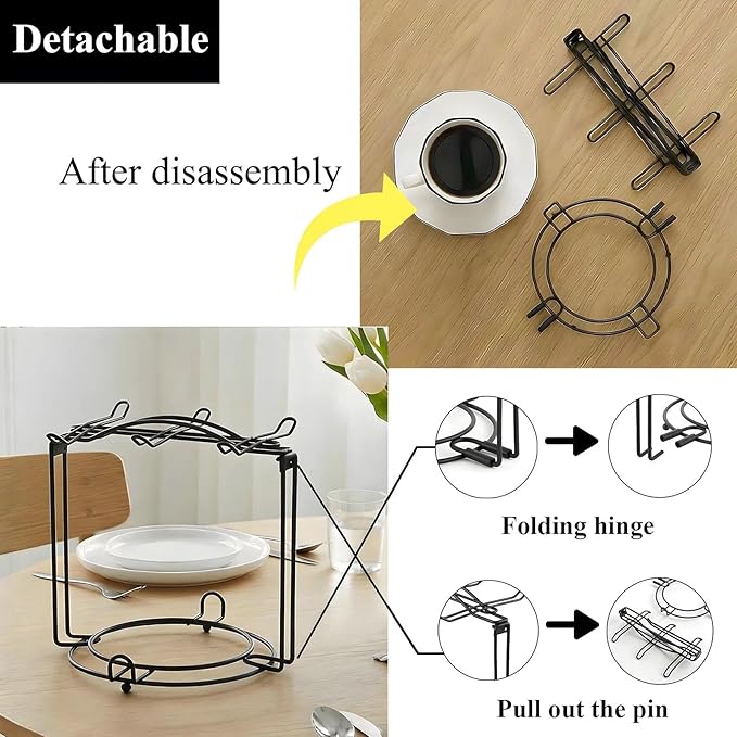 YOLIFE Tea Cup Holder for Countertop, Metal Cup and Saucer Display Stand, Foldable Tea Station Organizer, Espresso Coffee Cups Rack for Home or Bar Decor