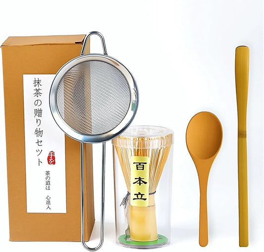 Matcha Whisk Set, 4 Piece Matcha Making Kit Includes Bamboo Whisk (Chasen), Spoon (Chashaku), Stainless Steel Sifter, Teaspoon, Traditional Handmade Matcha Starter Kit 100% Natural Bamboo