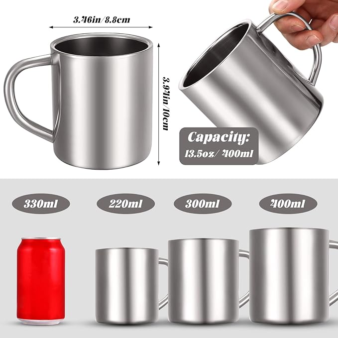 Cunhill 4 Set Small Stainless Steel Coffee Mug 13.5oz/400ml Metal Double Walled Cups Camping Mug with Handle Dishwasher Safe Tea Cups for Camping Travel Outdoors Rv Keep Drinks Hot