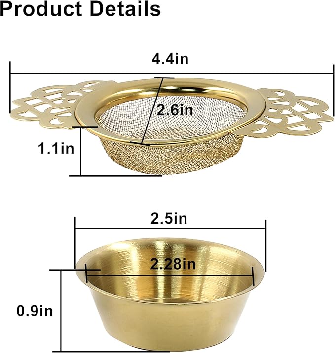 4 Pack Tea Strainers with Drip Bowls, Stainless Steel Tea Strainer Bowl Loose Leaf Tea Filter for 2.5-4 Inch Cup Mouth (Gold)