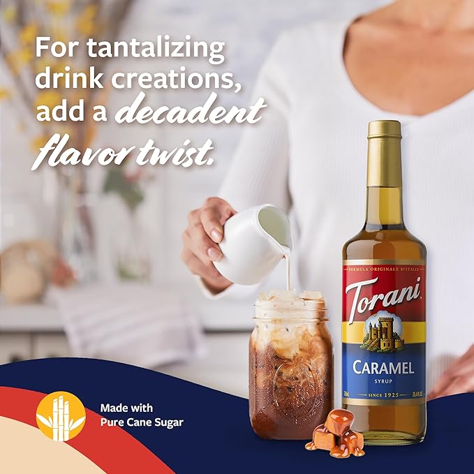 Torani Caramel Coffee Syrup for Drinks & Desserts, Glass Bottle 4-Pack, Pumps Included, 25.4 Fl Oz Ea