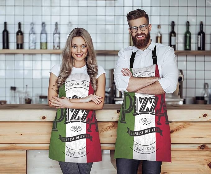 WONDERTIFY Pizza Apron,Best in Town Pizzeria Retro Poster on Grunge Backgrounds Green White Red Bib Apron with Adjustable Neck for Men Women,Suitable for Kitchen Cooking Chef Grill Bistro BBQ Apron