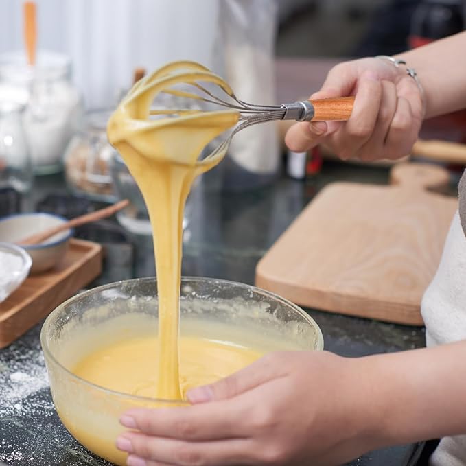 2 PCS Whisk Wooden Handle Stainless Steel, Wisking Tool Stainless, Kitchen Hand Whisk, Non Stick Balloon Whisk for Stirring, Whisking, Beating, Blending, Egg, Batter (8.07"L X 1.57"W)