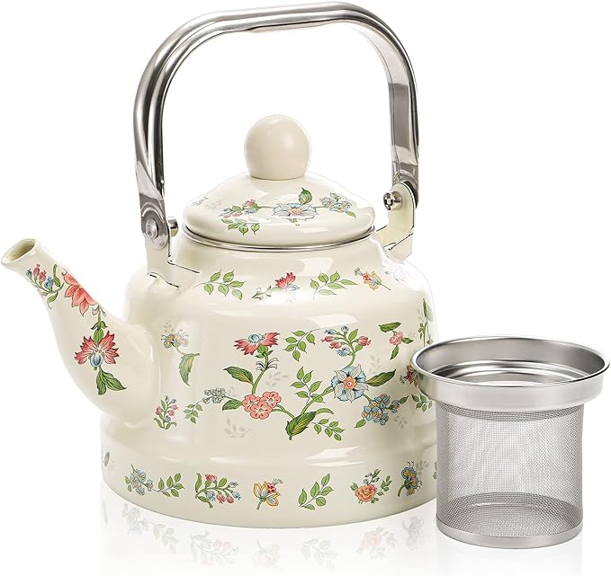 Jucoan 1.8 Quart Vintage Enamel Stovetop Tea Kettle, Retro Green Floral Enamel on Steel Teapot with Removable Infuser for Camping, Gift for Wedding Housewarming Easter