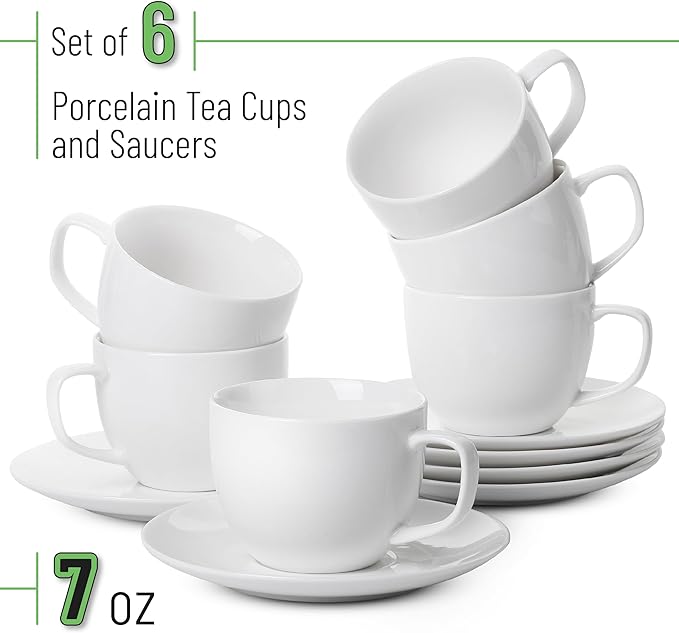 BTaT- Cappuccino Cups with Saucers 7 oz, Set of 6, White Porcelain Coffee Cup and Saucer Set for Latte, Mocha, Tea, Au Lait, Flat White, Dishwasher, Microwave, Freezer and Oven Safe