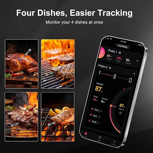 Wireless Meat Thermometer Digital 4 Probes - 800FT Bluetooth Food Thermometer for Cooking, NIST Certified Accuracy ±0.5°, Standalone Base Dual Probes for Kitchen Grill BBQ Oven Smoker Rotisserie