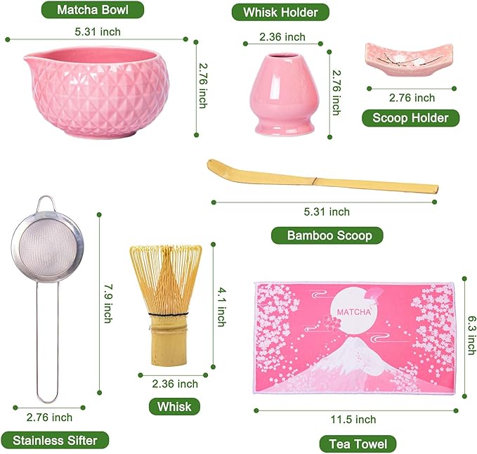 Matcha Whisk Bowl Set, 7PCS Japanese Matcha Kit with Spout Bowl Bamboo Whisk Stand Scoop Sifter Accessories for Tea Ceremony Latte, Gifts for Family,Friends