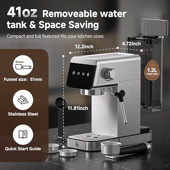 AMZCHEF Espresso Coffee Machine | Compact Design Espresso Maker Perfect for Home & Office | 20 Bar Pressure System | LED Touch Panel | Detachable Water Tank | Brushed Stainless Steel Housing