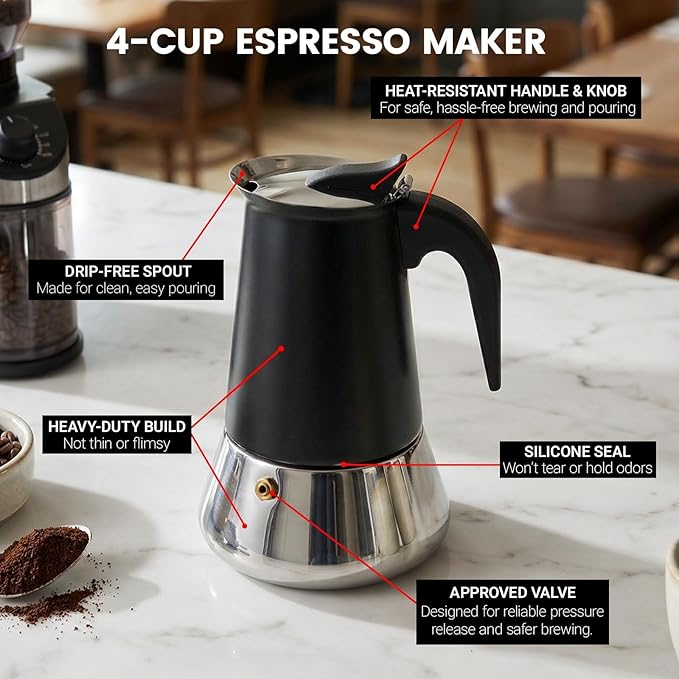 Moka Pot Coffee Maker 4 Cup with Mini Induction Cooktop - Stainless Steel Stovetop Espresso Maker Set 700W 120V Portable Burner for RV Travel Kitchen