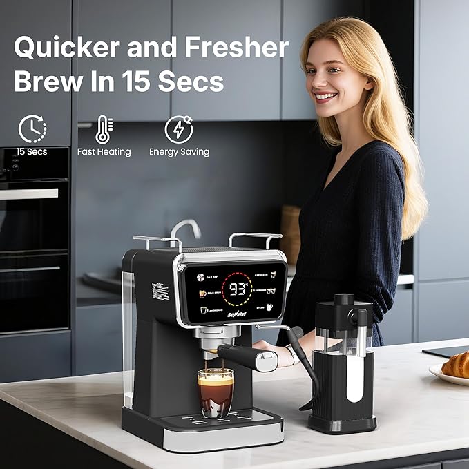 20 Bar Espresso and Americano Machine for Home and Office, Iced Coffee Maker with Touchscreen, Milk Frother, Single/Double Shot & Cold Brew, 52OZ Removable Water Tank, Quick Heating System