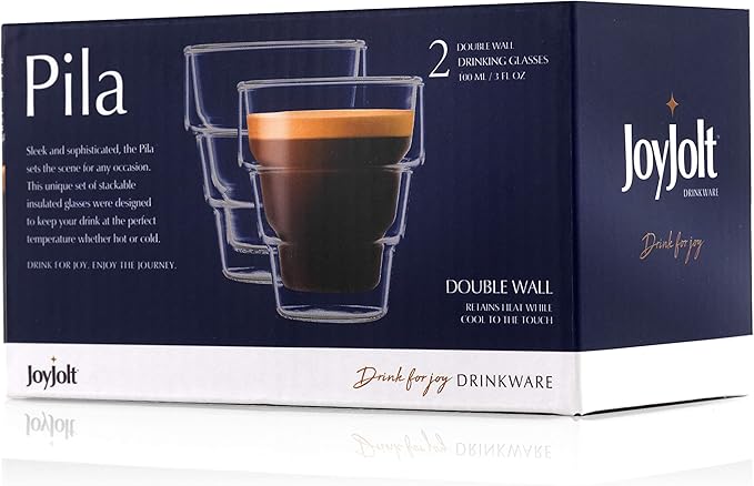 JoyJolt Pila Double Walled Espresso Glasses, Set of 2 Espresso Cups 3 Ounce Capacity. Stackable Thermal Clear Glass Cups, Ideal Fit for Espresso Machine and Coffee Maker