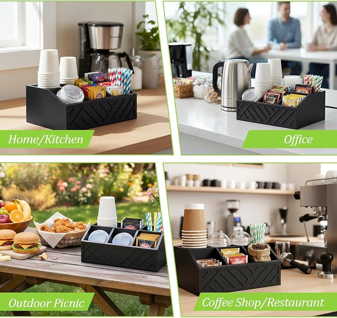 Kifmurase Black Coffee Station Organizer for Counter, Wood Coffee Pods Holder Storage Basket with 5 Compartments, Coffe and Tea Condiment Basket Storage Organizer, Farmhouse Bar Accessories Decor - Image 6