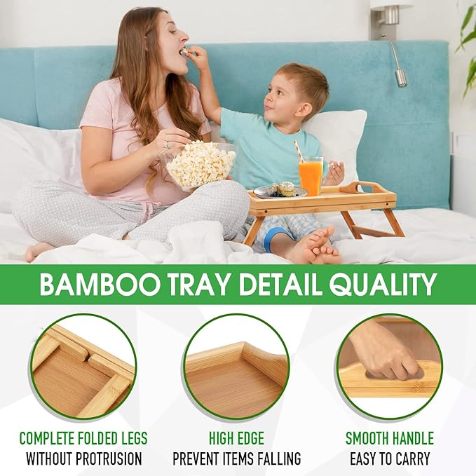 Bed Tray Table Folding Legs with Handles Breakfast Tray for Sofa Eating,Drawing,Platters Bamboo Serving Lap Desk Snack Tray